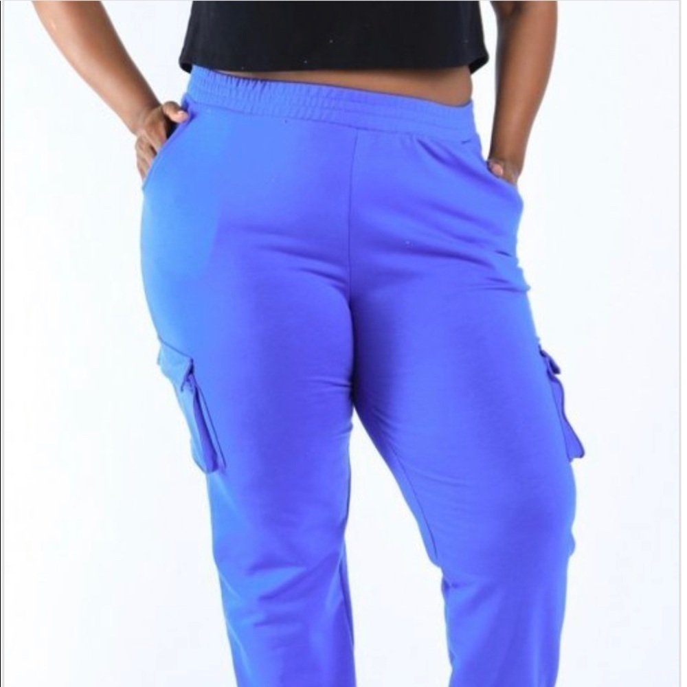 WOMEN’S ROYAL BLUE PLUS SIZE FITTED CARGO JOGGERS SWEATPANTS